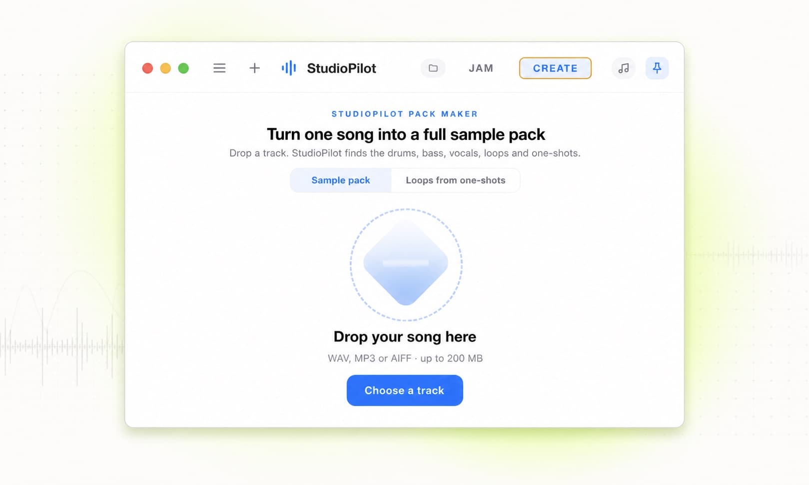 The StudioPilot pack maker: drop a song in and it becomes a full sample pack of stems, loops and one-shots